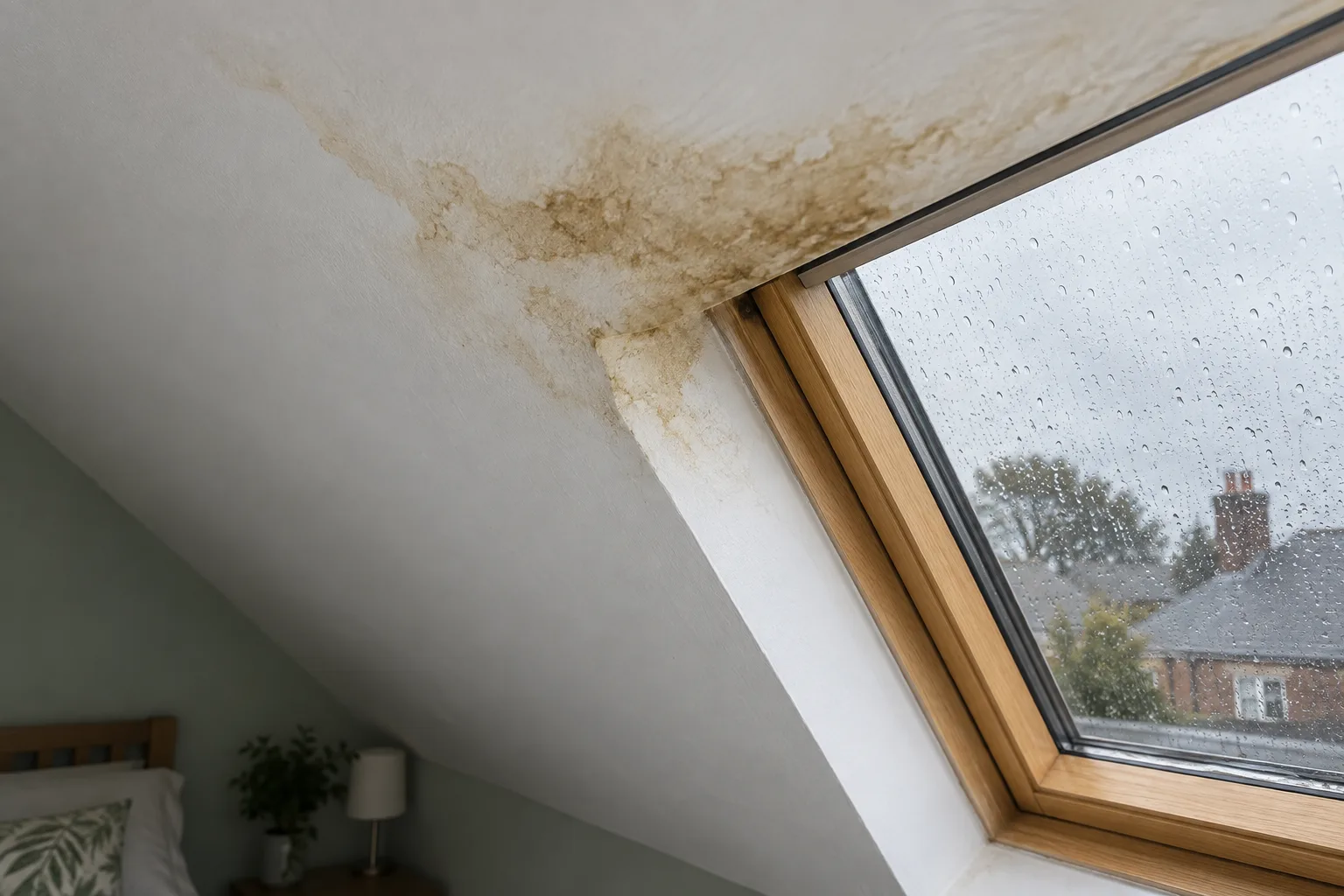 Illustrative damp patch around a roof window